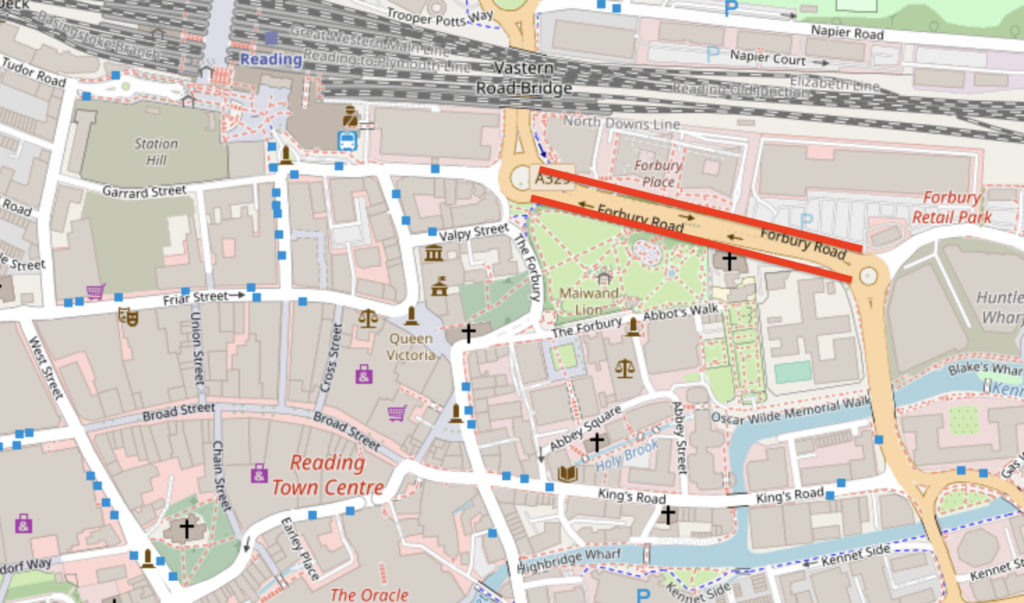 Map of Forbury Road with a red cycle lane drawn on it.