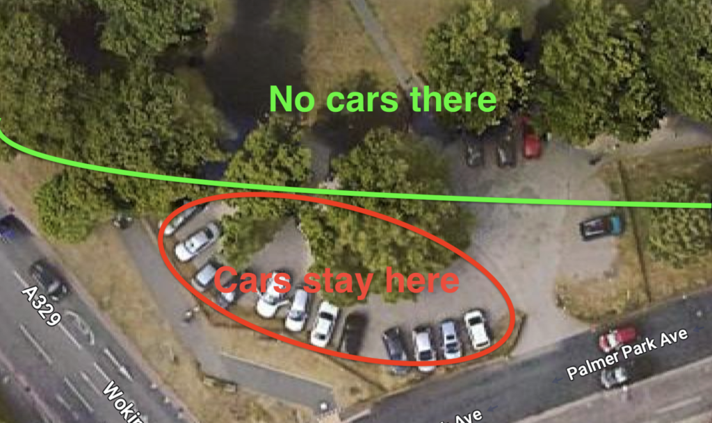 Satellite view of the car park, with clearly delimited zones for cars and NOT for cars!