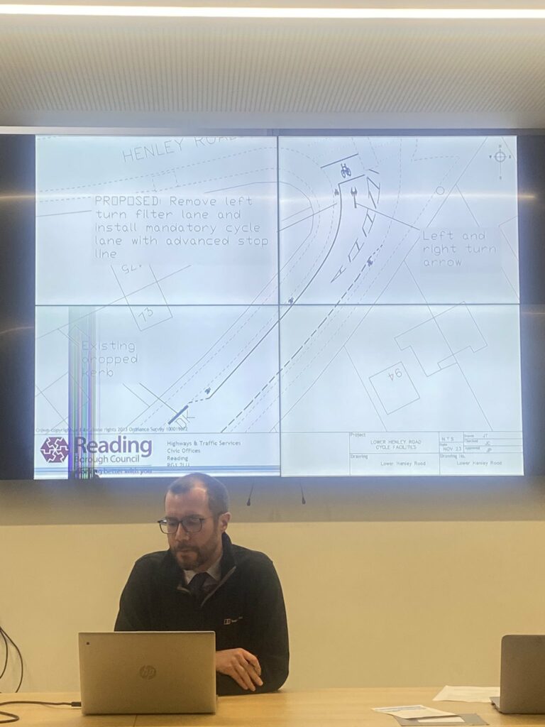 Slide shown during the Reading Borough Council session, showing a drawing of Lower Henley Road having a cycle lane and advanced stop line